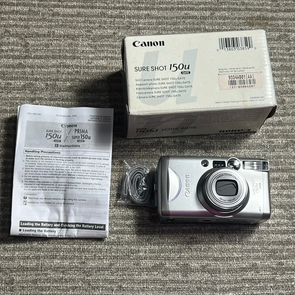 Vintage Canon Sure Shot 150u 35mm Film Camera 38-150mm Zoom Silver Box Manual